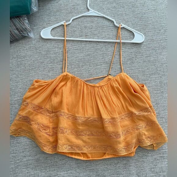 NWT Free People Womens Home Again Asymmetric Lace Trim Crop Top Orange Blouse - Picture 3 of 9